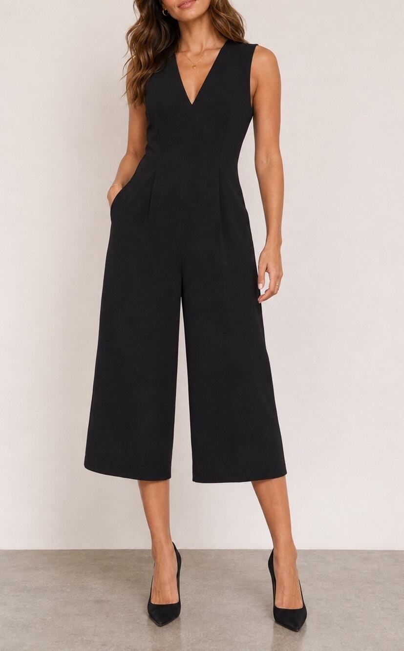 Alexander Wang Black Crepe Sleeveless Deep V Wide Leg Cropped Jumpsuit Size 2